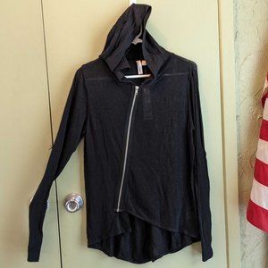 XL Hang Ten sheer black hoodie with asymmetrical zipper and hem